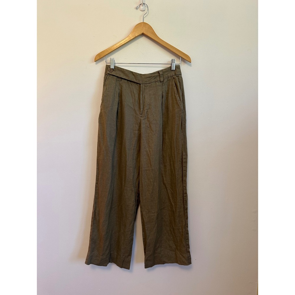 Madewell The Harlow Wide-Leg 100% Linen Olive Green Pants | Size 4P